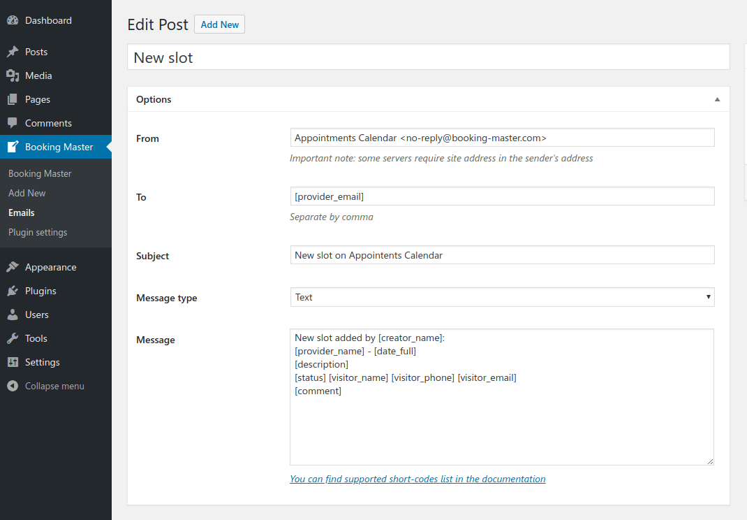 Email template admin page